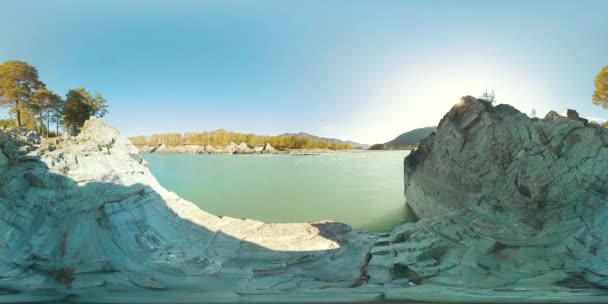 UHD 4K 360 VR Virtual Reality of a river flows over rocks in beautiful mountain landscape — Stock Video