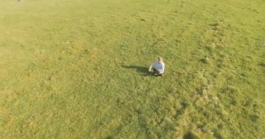 UHD 4k havadan görünümü. Defter pad ile yeşil çim sahasında oturan işadamı üzerinde düşük yörünge uçuş