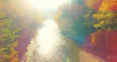 Havadan Uhd 4k görünümü. Taze dağ nehir üzerinde uçuş. Dikey yatay tilt hareketi olarak.