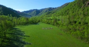 UHD 4k havadan görünümü. Düşük uçuş taze soğuk dağ nehir, çayır ve yola güneşli yaz sabahı.