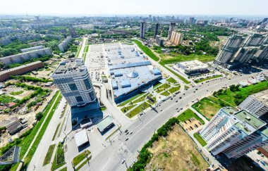 Havacılık şehri manzarası. Şehir manzarası. Helikopter vuruldu. Panoramik resim.