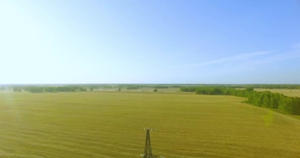 Voo de movimento vertical perto de torre de eletricidade de alta tensão e linhas de energia no campo verde e amarelo — Vídeo de Stock