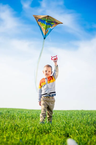 Jeune garçon jouant avec son cerf-volant dans un champ vert . — Photo