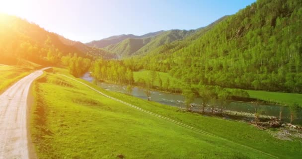 UHD 4k havadan görünümü. Düşük uçuş taze soğuk dağ nehir, çayır ve yola güneşli yaz sabahı. — Stok video