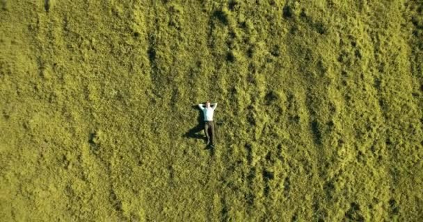 Vuelo en movimiento vertical sobre un hombre de negocios acostado en un prado verde fresco. Vista superior sobre el hombre relajante . — Vídeo de stock