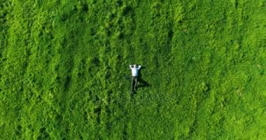 Taze yeşil çayır üzerinde yalan işadamı üzerinde dikey hareket uçuş. Üstten Görünüm üzerinde rahatlatıcı dostum.