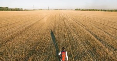 Bir büyük buğday tarlada yürüyen genç adam turist üzerinde düşük uçuş