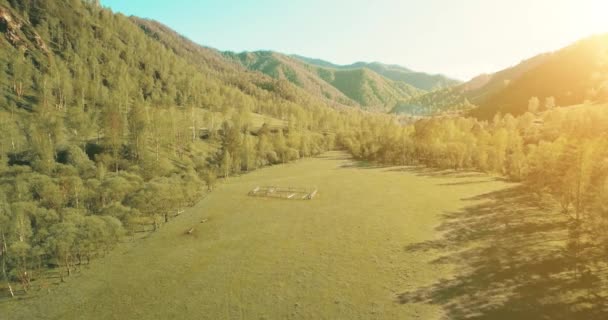 UHD 4K vista aérea. Vuelo bajo sobre el río fresco y frío de la montaña, prado y carretera en la soleada mañana de verano . — Vídeos de Stock