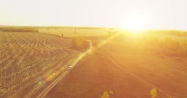 UHD 4K hava görüntüsü. Sarı kırsal alan ve toprak yol üzerinde orta-uçuş