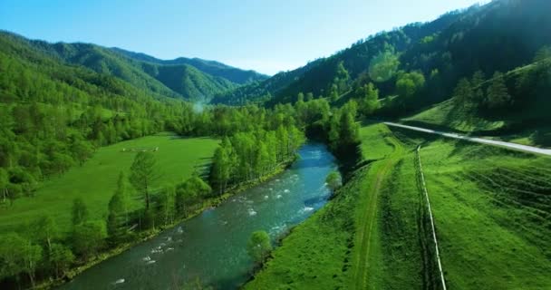 Voo no meio do ar sobre o rio e o prado da montanha fresca na ensolarada manhã de verão. Estrada de terra rural abaixo . — Vídeo de Stock