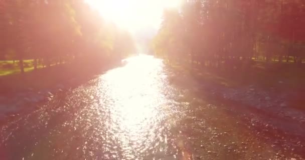 Vuelo en medio del aire sobre un río de montaña fresco y limpio en la soleada mañana de verano — Vídeos de Stock