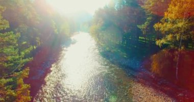 Havadan Uhd 4k görünümü. Taze dağ nehir üzerinde uçuş. Dikey yatay tilt hareketi olarak.