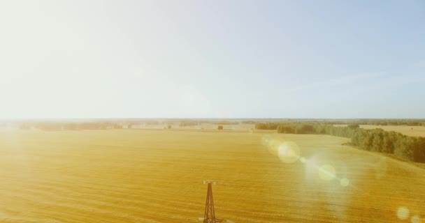 Voo de movimento vertical perto de torre de eletricidade de alta tensão e linhas de energia no campo verde e amarelo — Vídeo de Stock