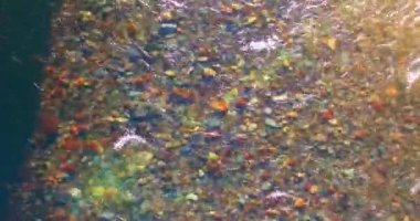 Güneşli yaz sabahında temiz ve taze bir dağ nehri üzerinde uçuşun ortasındayız. Üst görünüm ve yatay hareket