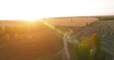 UHD 4K hava görüntüsü. Sarı kırsal alan ve toprak yol üzerinde orta-uçuş