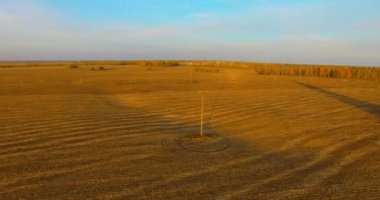 UHD 4k havadan görünümü. Havada uçak sarı kırsal alanın üzerinde