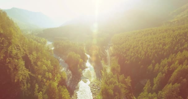 Vuelo en medio del aire sobre el río fresco de la montaña y el prado en la soleada mañana de verano. Camino de tierra rural abajo. — Vídeos de Stock