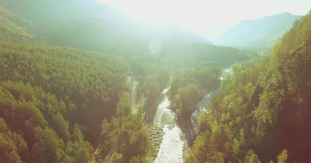 Vôo a meio do ar sobre o rio e o prado frescos da montanha na manhã ensolarada do verão. Estrada de terra rural abaixo. — Vídeo de Stock