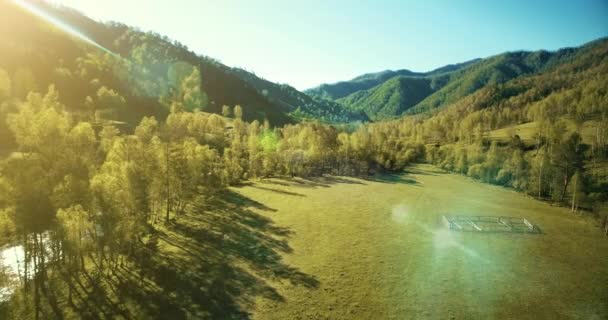 UHD 4K aerial view. Low flight over fresh cold mountain river, meadow and road at sunny summer morning. — Stock Video