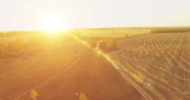 UHD 4K hava görüntüsü. Sarı kırsal alan ve toprak yol üzerinde orta-uçuş