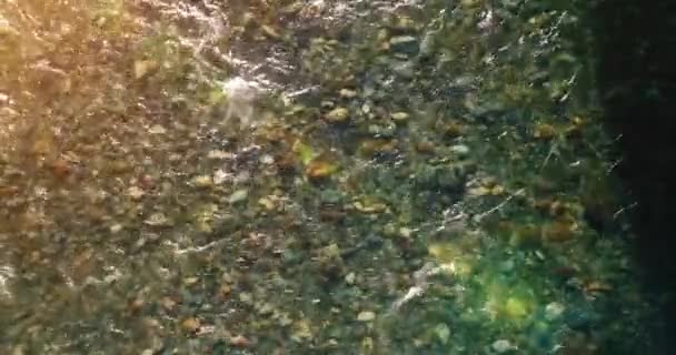 Середній повітряний політ над свіжою і чистою гірською річкою в сонячний літній ранок. Вид зверху і горизонтальний рух — стокове відео