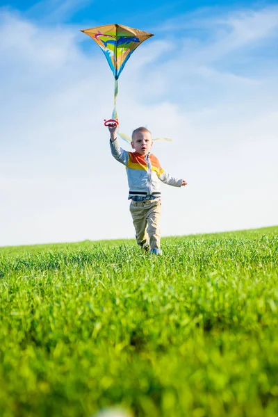 Niño jugando con su cometa en un campo verde . — Foto de Stock