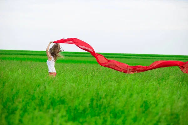 Fiatal hölgy rúnaírásos szövet a zöld mezőben. Nő kendő. — Stock Fotó