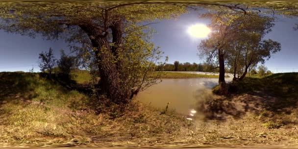 UHD 4K 360 VR La realidad virtual de un río fluye sobre rocas en un hermoso paisaje de bosque de montaña — Vídeo de stock