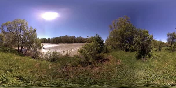 UHD 4K 360 VR La realidad virtual de un río fluye sobre rocas en un hermoso paisaje de bosque de montaña — Vídeo de stock