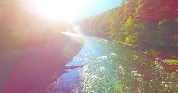 Vuelo en medio del aire sobre un río de montaña fresco y limpio en la soleada mañana de verano — Vídeos de Stock