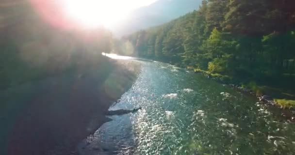 Vuelo en medio del aire sobre un río de montaña fresco y limpio en la soleada mañana de verano — Vídeo de stock