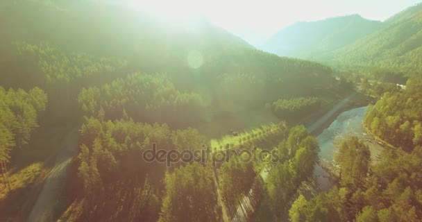 Mid air flight over fresh mountain river and meadow at sunny summer morning. Rural dirt road below. — Stock Video