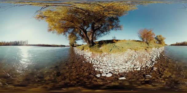 360 VR Realidade Virtual de um rio flui sobre rochas nesta bela floresta de montanhas — Vídeo de Stock