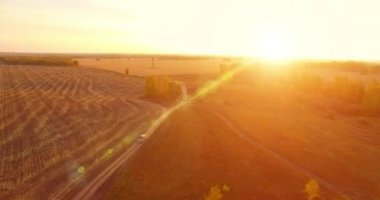 UHD 4K hava görüntüsü. Sarı kırsal alan ve toprak yol üzerinde orta-uçuş
