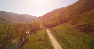 Taze dağ nehir ve çayır güneşli yaz sabahı, orta hava uçuş. Kırsal toprak yol aşağıda. İnek ve araba.