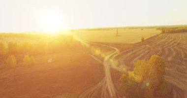 UHD 4K hava görüntüsü. Sarı kırsal alan ve toprak yol üzerinde orta-uçuş