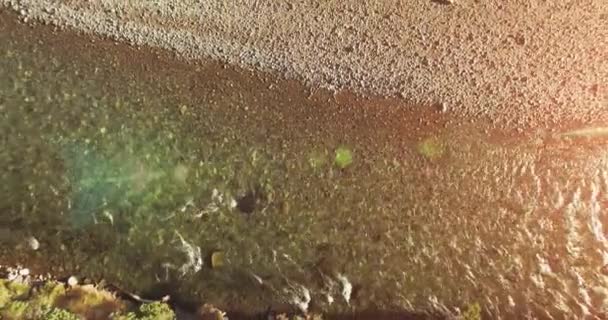 Vuelo en medio del aire sobre un río de montaña fresco y limpio en la soleada mañana de verano. Movimiento vertical — Vídeos de Stock