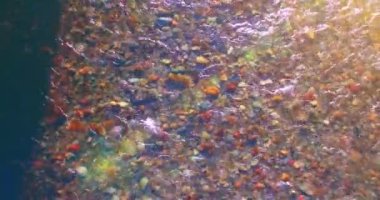 Güneşli yaz sabahında temiz ve taze bir dağ nehri üzerinde uçuşun ortasındayız. Üst görünüm ve yatay hareket