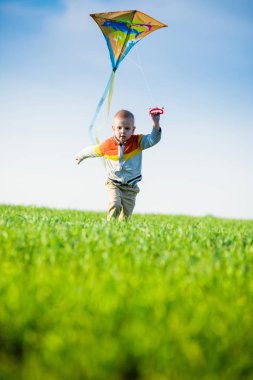 Genç çocuk onun uçurtma yeşil alan ile oynarken.