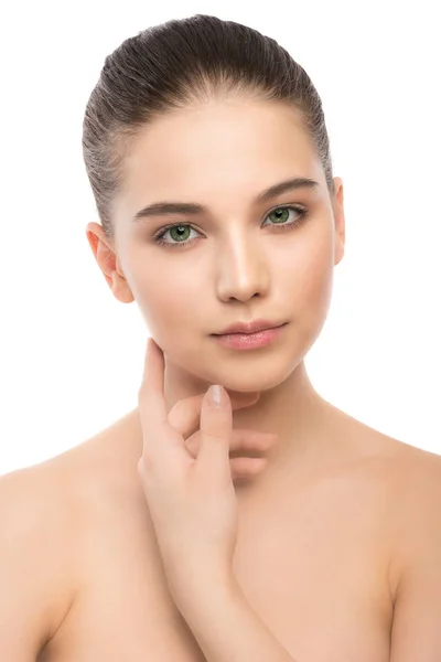 Portrait of beautiful young brunette woman with clean face. Isolated on a white. — Stock Photo, Image