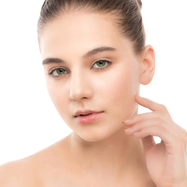 Portrait of beautiful young brunette woman with clean face. Isolated on a white. — Stock Photo, Image