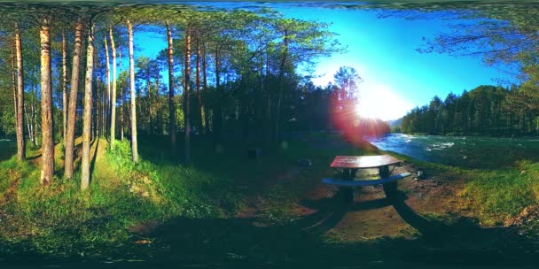 UHD 4K 360 VR 현실: 아름다운 산악 숲 풍경의 바위 위로 흐르는 강 가상 현실 — 비디오