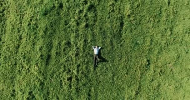 Вертикальный полет над бизнесменом, лежащим на свежем зеленом лугу. Вид сверху на расслабляющего человека . — стоковое видео