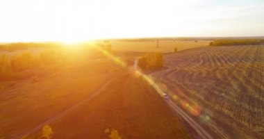 UHD 4K hava görüntüsü. Sarı kırsal alan ve toprak yol üzerinde orta-uçuş