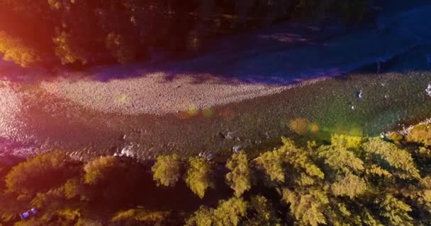 Vuelo en medio del aire sobre un río de montaña fresco y limpio en la soleada mañana de verano. Movimiento vertical — Vídeo de stock