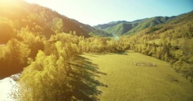 Taze dağ nehir ve güneşli yaz sabahı, çayır üzerinde havada uçuş. Kırsal toprak yol aşağıdaki.