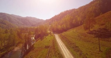 Taze dağ nehir ve çayır güneşli yaz sabahı, orta hava uçuş. Kırsal toprak yol aşağıda. İnek ve araba.