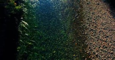 Havadan Uhd 4k görünümü. Taze dağ nehir üzerinde uçuş. Dikey yatay tilt hareketi olarak.