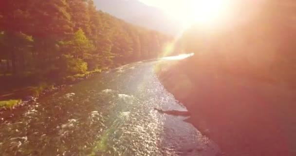 Mittlerer Luftflug über einen frischen und sauberen Gebirgsfluss an einem sonnigen Sommermorgen — Stockvideo