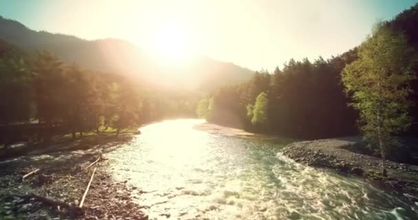 4 k Uhd havadan görünümü. Düşük uçuş üzerinde taze soğuk dağ nehir kıyısında güneşli yaz sabahı. — Stok video